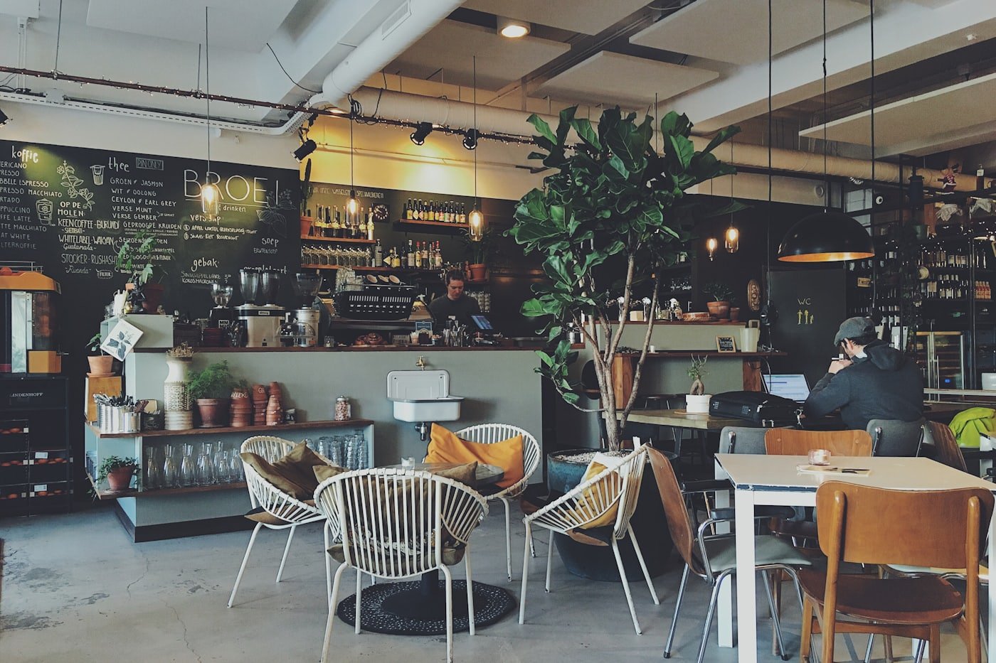 Salón de Café Bruma: mesas de madera, sillas de mimbre, plantas colgantes y la barra al fondo